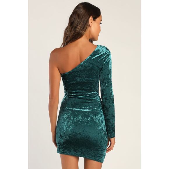 Lulus Women's One-Shoulder‎ Mini Dress Teal Crushed Velvet Size Medium - Picture 4 of 10